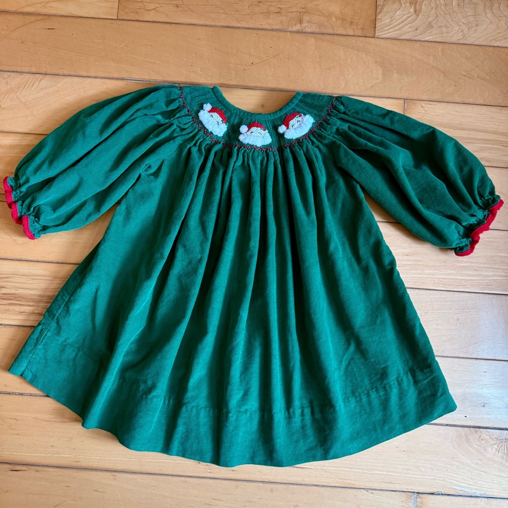 Classic Whimsy Smocked Christmas Santa Corduroy Green Long Sleeve Dress 12 M